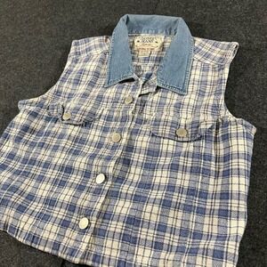 Quizz Jeans Vest Womens Medium Blue Plaid Denim Collar Vintage 90s Grunge Skater